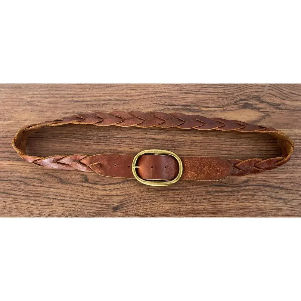 VTG Lucky Brand Tan Leather Braided Men's Belt Heavy Brass Buckle Western 46in